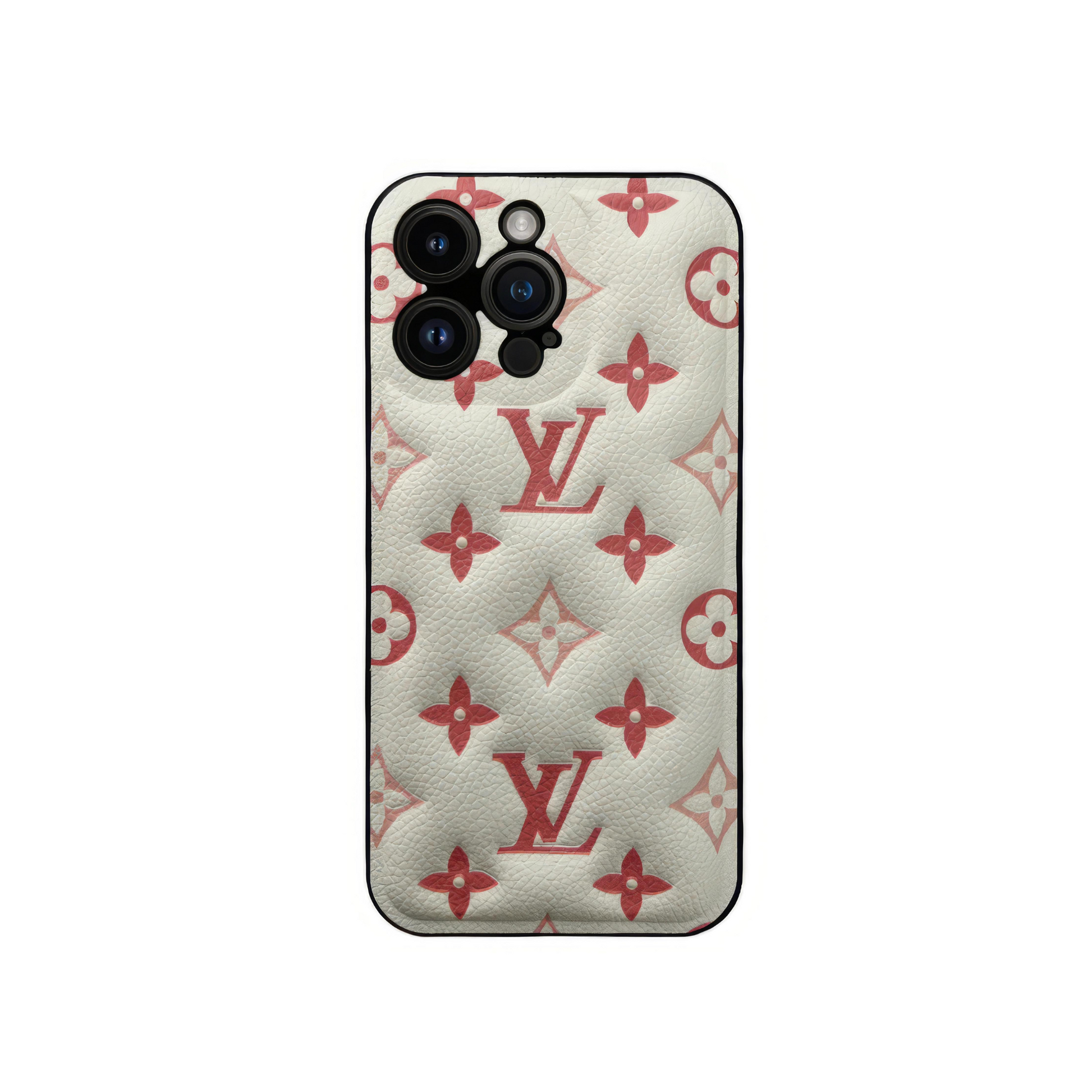 Vibrant red Louis Vuitton smartphone case with embossed pattern and logo