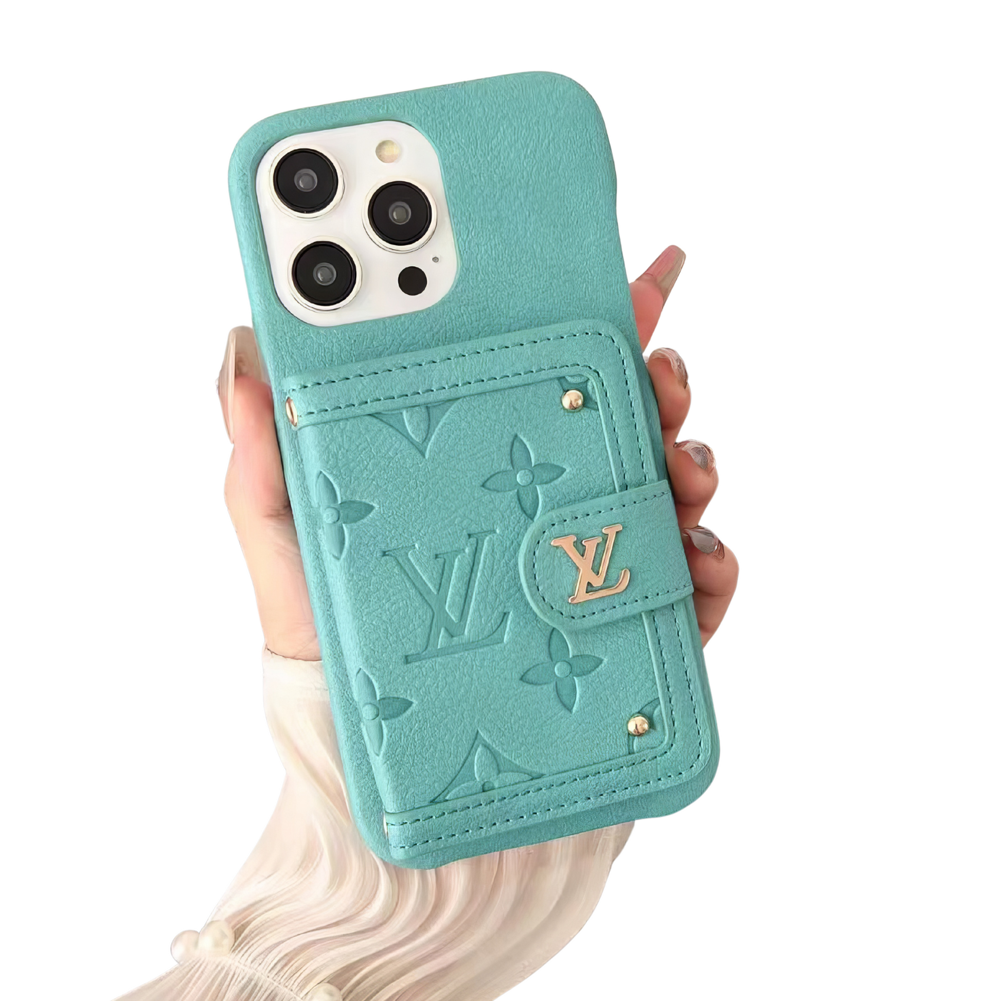 Turquoise Louis Vuitton leather iPhone case with card holder and monogram pattern.