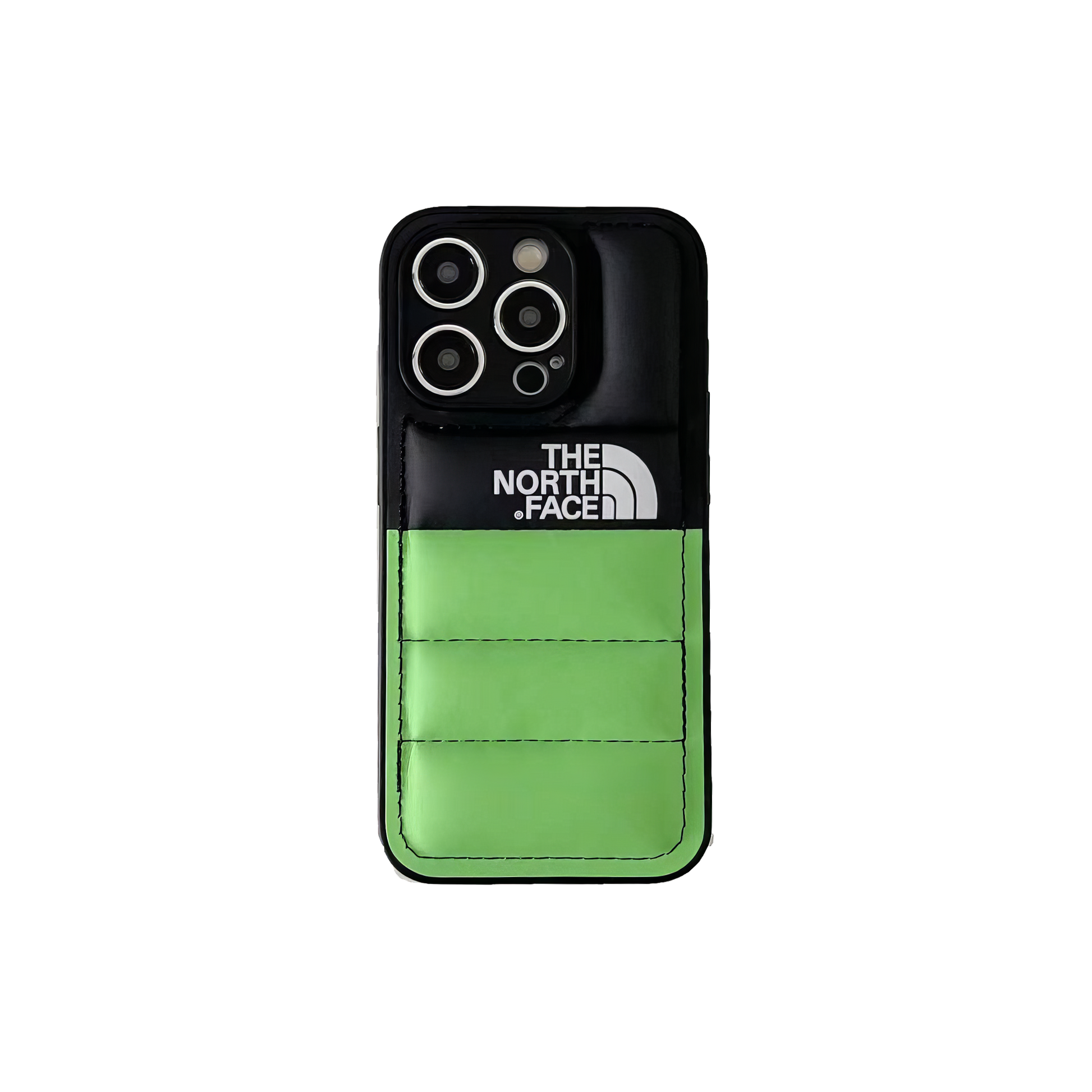 The North Face half green and black smartphone case for outdoor enthusiasts.